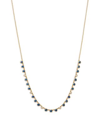 Blue Sapphire & Diamond Bezel Collar Necklace in 14K Yellow Gold, 18"