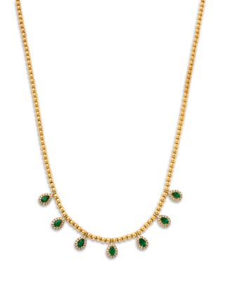 Emerald & Diamond Halo Dangle Collar Necklace  in 14K Yellow Gold, 16"