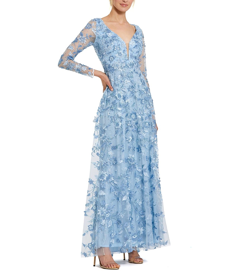 Mac Duggal Floral Applique Long Sleeve Illusion Gown
