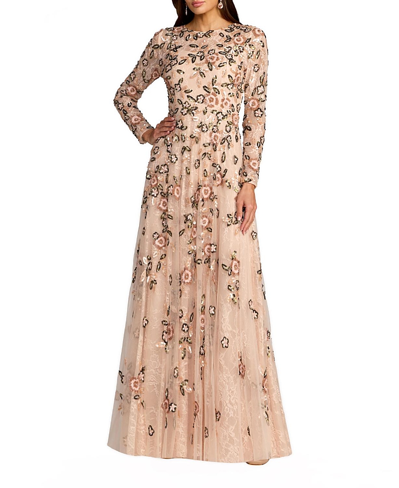 Mac Duggal Embellished Lace Floral Long Sleeve A-Line Gown