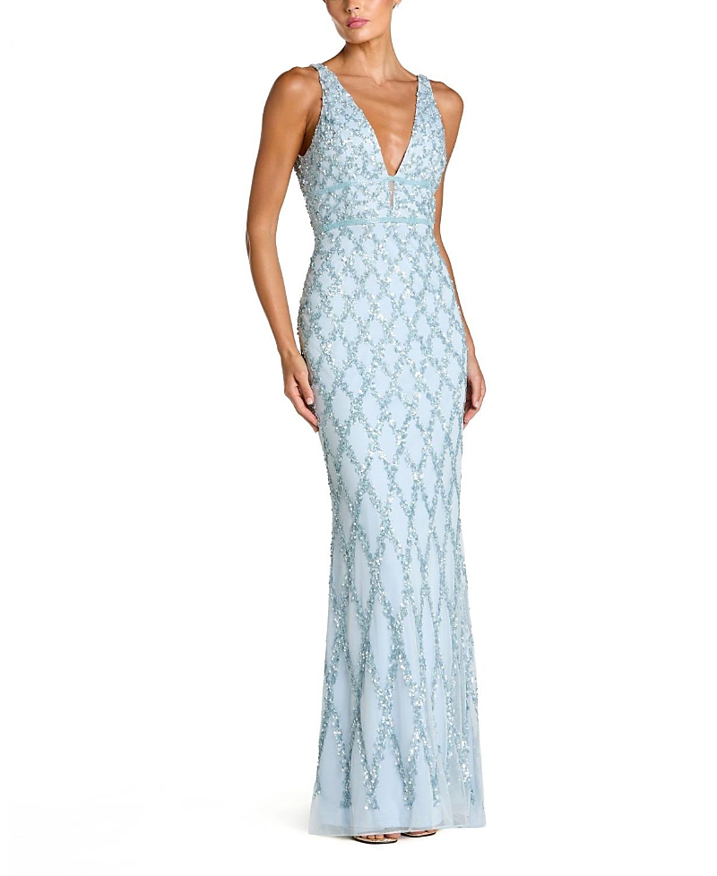Mac Duggal Sequined Plunge Neck Sleeveless Column Gown