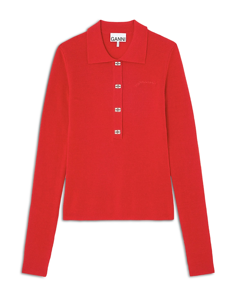 Ganni Red Merino Polo Shirt