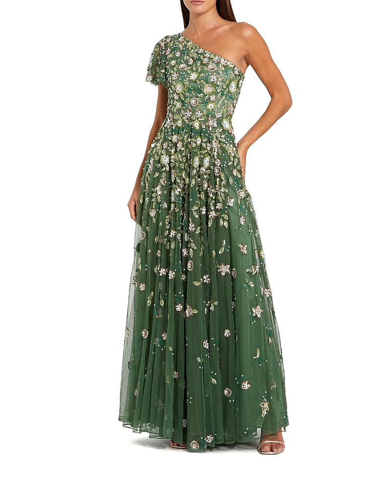 Mac Duggal Floral Embellished Mesh One Shoulder Gown
