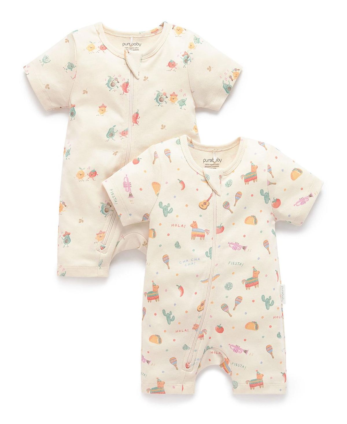 Purebaby Unisex 2 Pack Short Sleeve Zip Romper Pinata - Baby