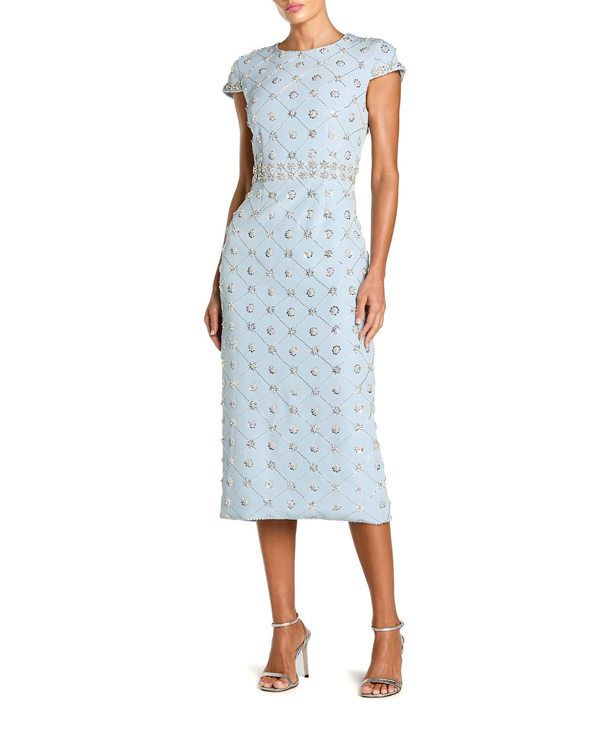 Mac Duggal Crepe Embellished High Neck Cap Sleeve Midi Dress