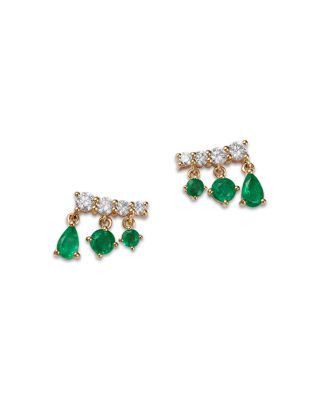 Emerald & Diamond Mixed Cut Drop Earrings in 14K Yellow Gold