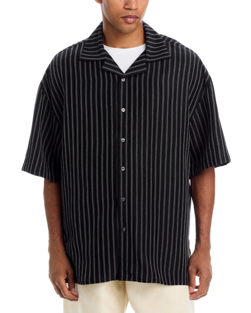 Willy Chavarria Camp Collar Short Sleeve Shirt in Black/White Stripe