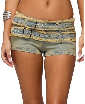  Alyza Distressed Belt Washed Denim Micro Shorts