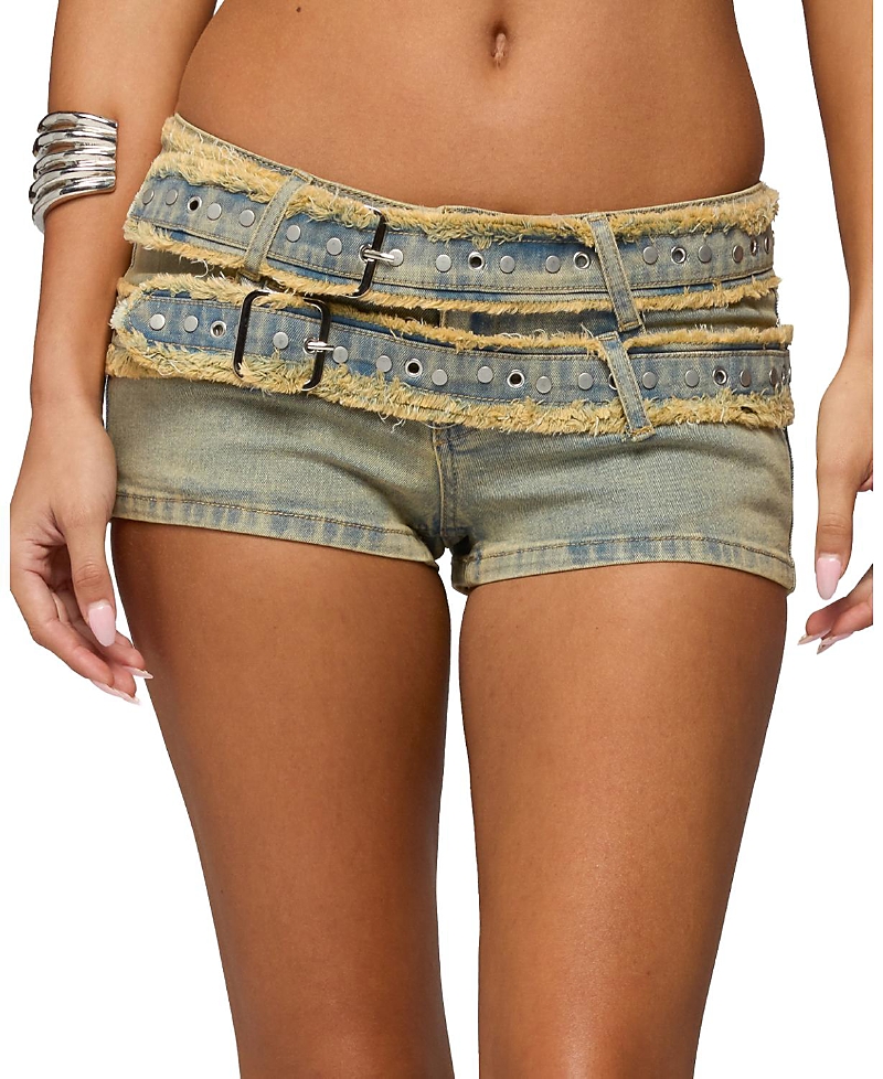 Edikted Alyza Distressed Belt Washed Denim Micro Shorts