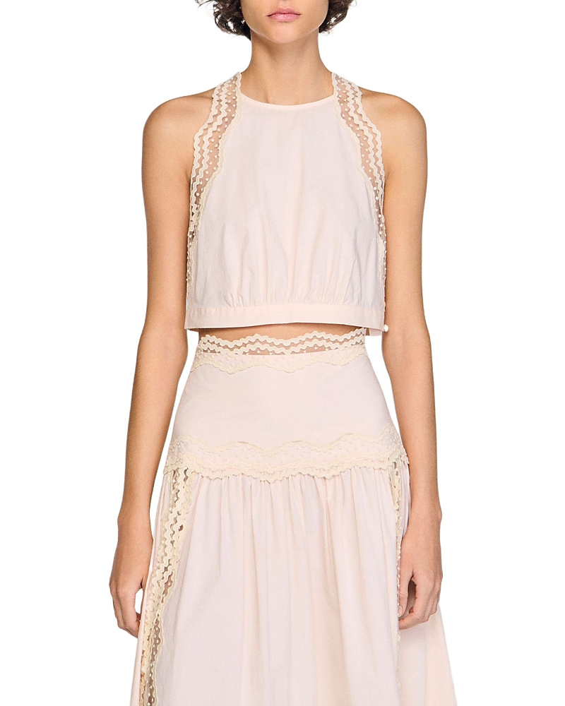 Sandro Cotton Crop Top with Lace Trim
