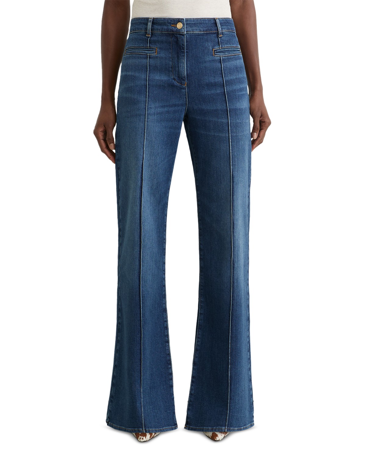 Petites Claude High Rise Flared Jeans in Mid Blue