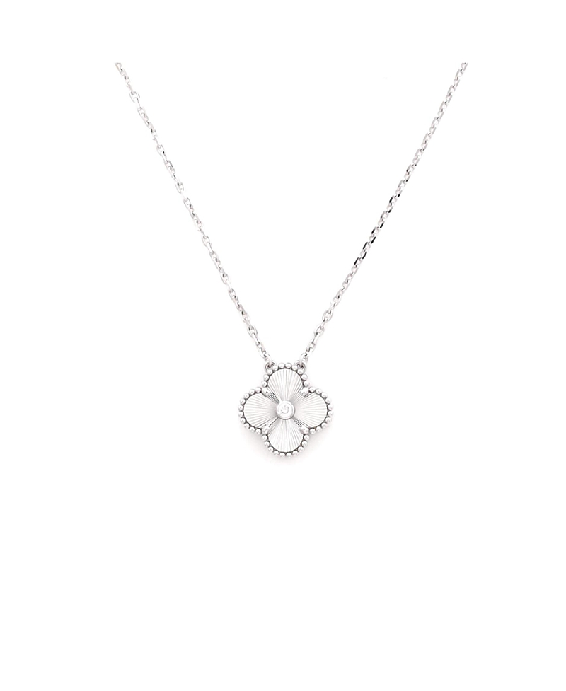Pre-Owned Van Cleef & Arpels Vintage Alhambra Pendant Necklace Guilloche 18K White Gold with Diamond, 16.75