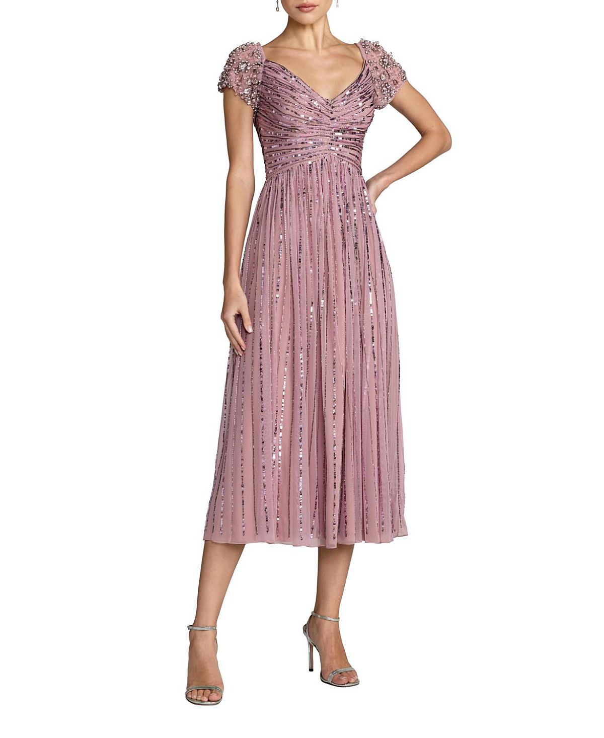 Mac Duggal Sequin Mesh Midi Dress With Beaded Shoulders