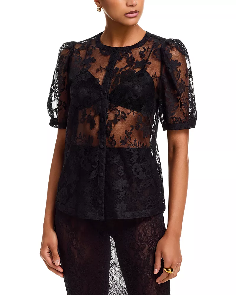 McQueen Sheer Lace Puff Sleeve Top