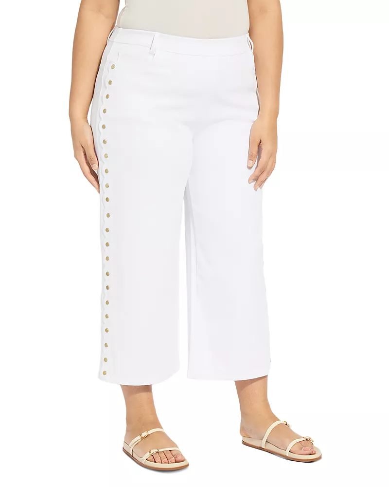 Lysse Plus Willa Scalloped Studded High Rise Cropped Wide Leg Jeans in White