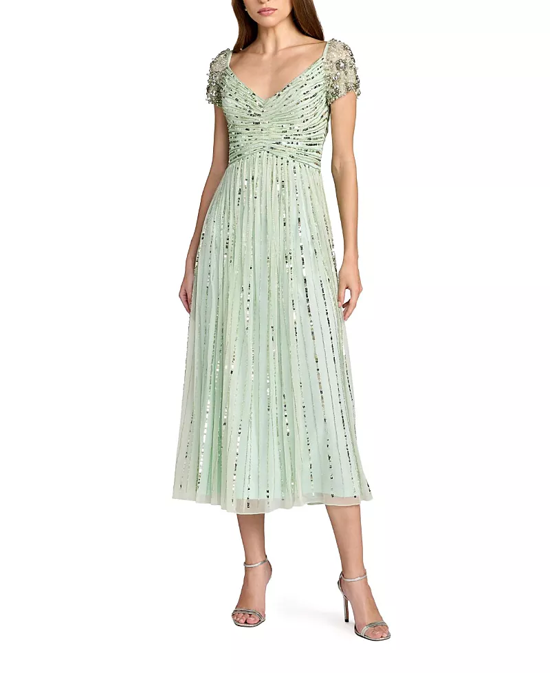 Mac Duggal Sequin Mesh Midi Dress With Beaded Shoulders