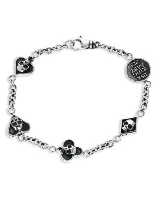 Sterling Silver High Roller Club Micro Skull Four Suit Cable Link Chain Bracelet