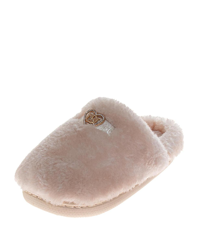Badgley Mischka Women's Fluffy Rhinestone Logo Accent Slippers