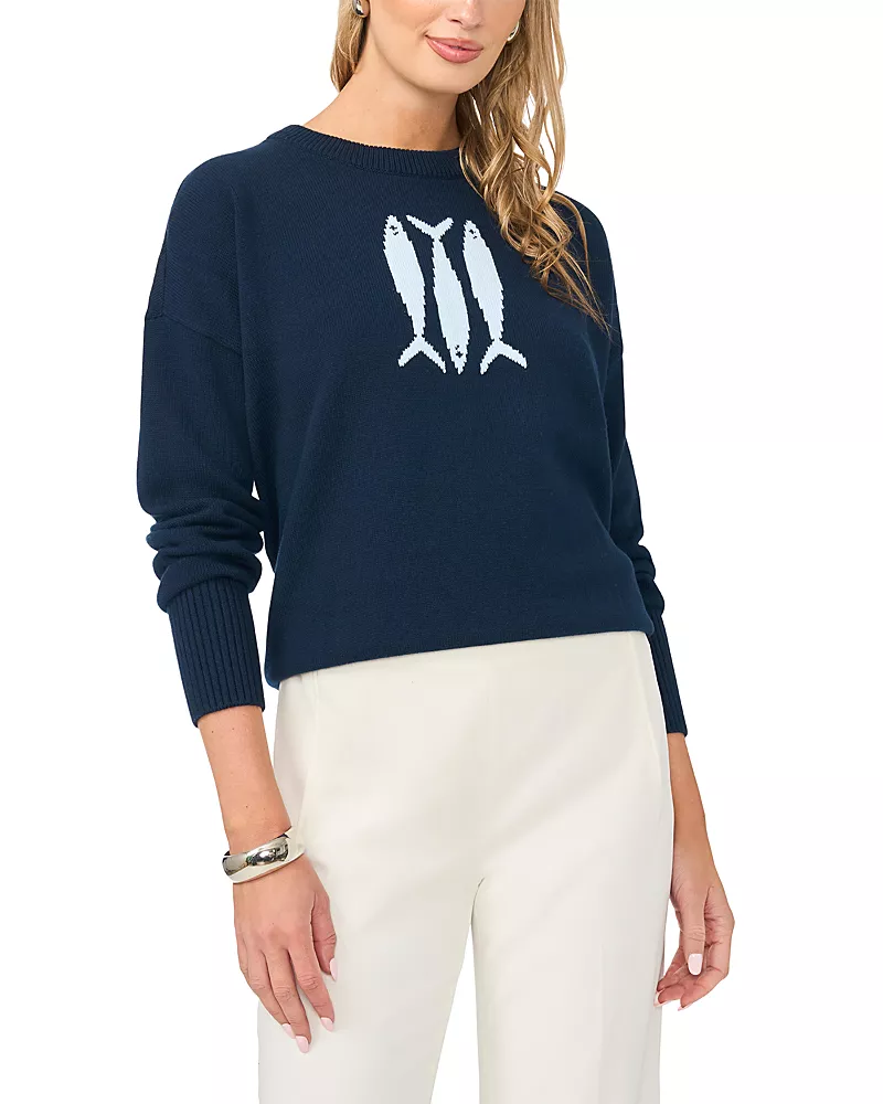 Vince Camuto Sardine Motif Crewneck Sweater