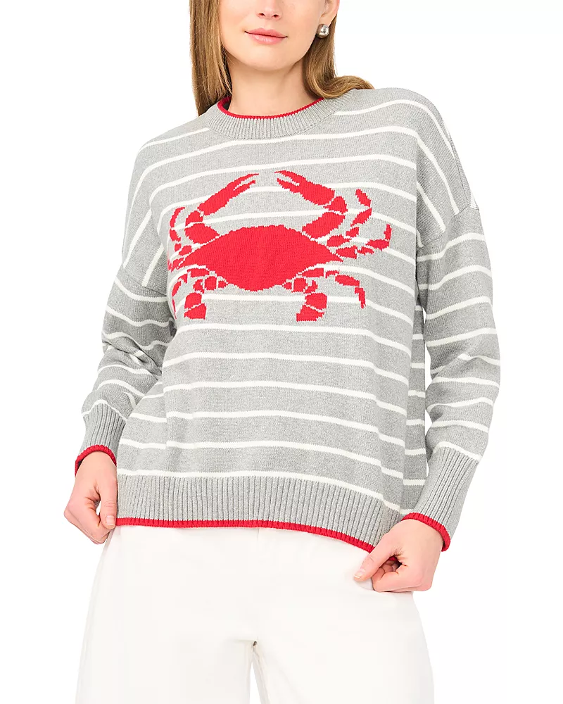 Vince Camuto Striped Crab Motif Crewneck Sweater
