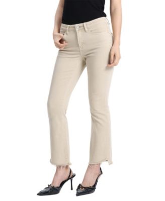 Mid-Rise Cropped Bootcut Denim Jeans with Stepped Frayed Hem in Light Khaki
