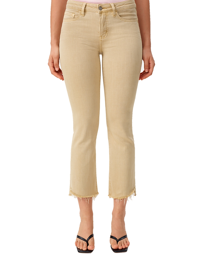 Bayeas Mid-Rise Cropped Bootcut Denim Jeans with Stepped Frayed Hem in Light Khaki