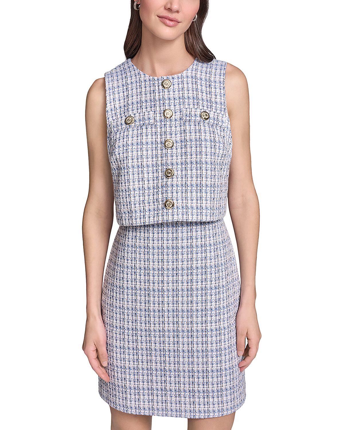Karl Lagerfeld Paris Sleeveless Tweed Sheath Popover Dress