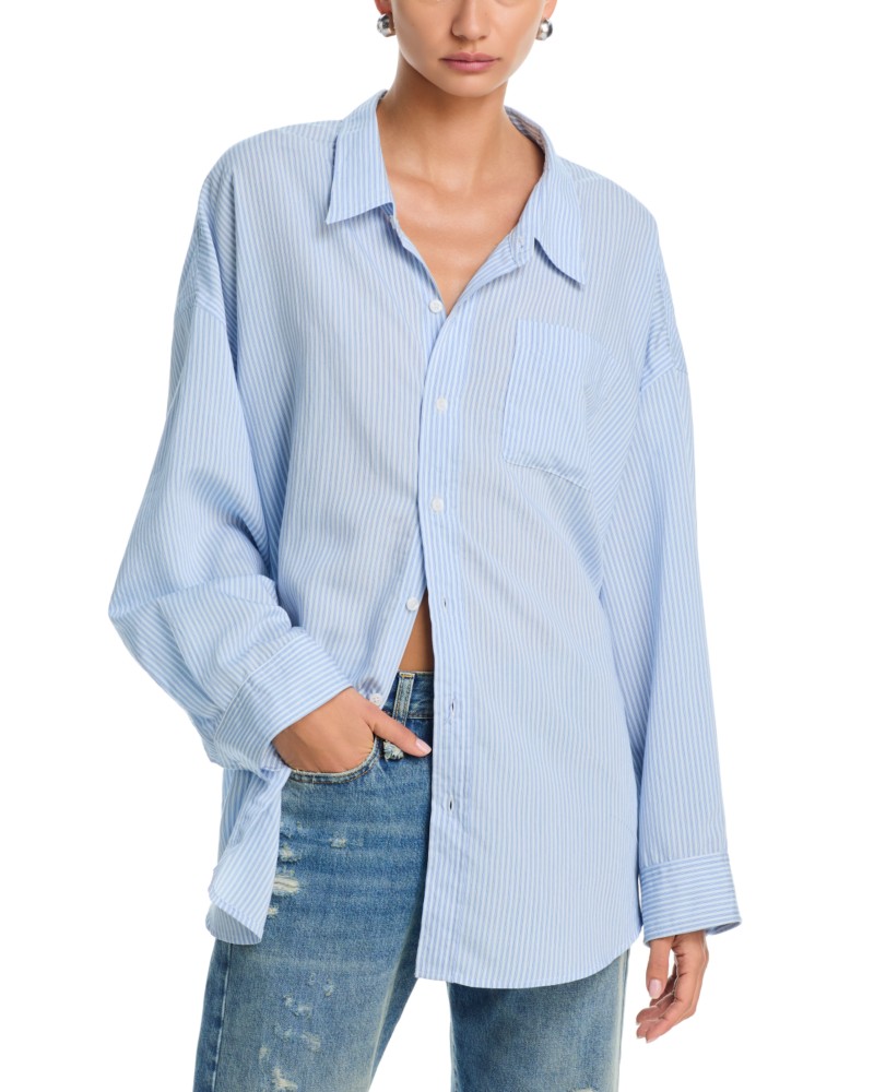 R13 Drop Neck Shirt in Light Blue/Multi Stripe
