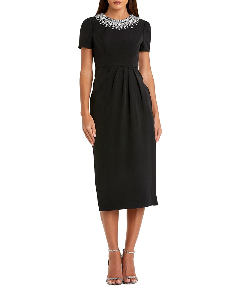 Mac Duggal Petite Short Sleeve Rhinestone Neckline Midi Dress