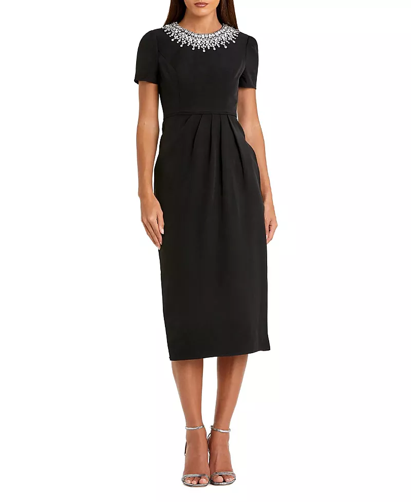 Mac Duggal Petite Short Sleeve Rhinestone Neckline Midi Dress