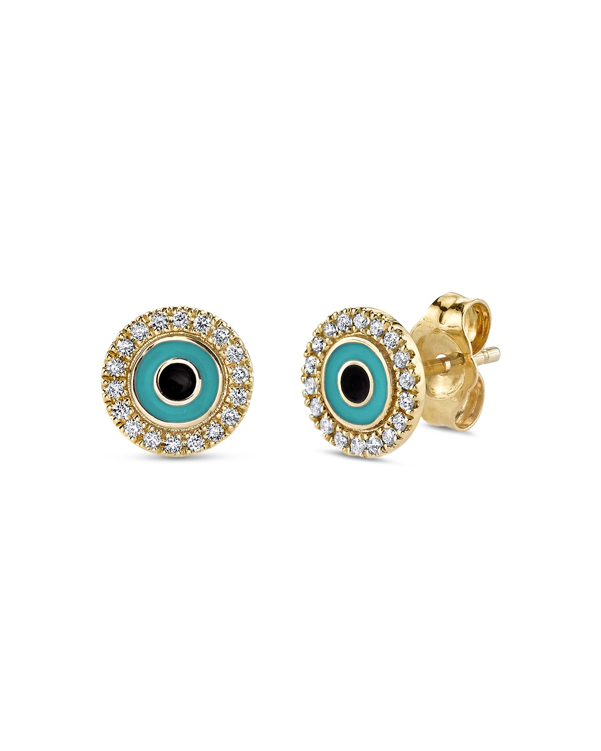 14K Yellow Gold Diamond Evil Eye Disc Stud Earrings