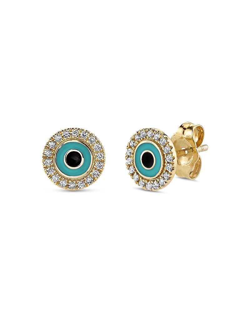 Sydney Evan 14K Yellow Gold Diamond Evil Eye Disc Stud Earrings