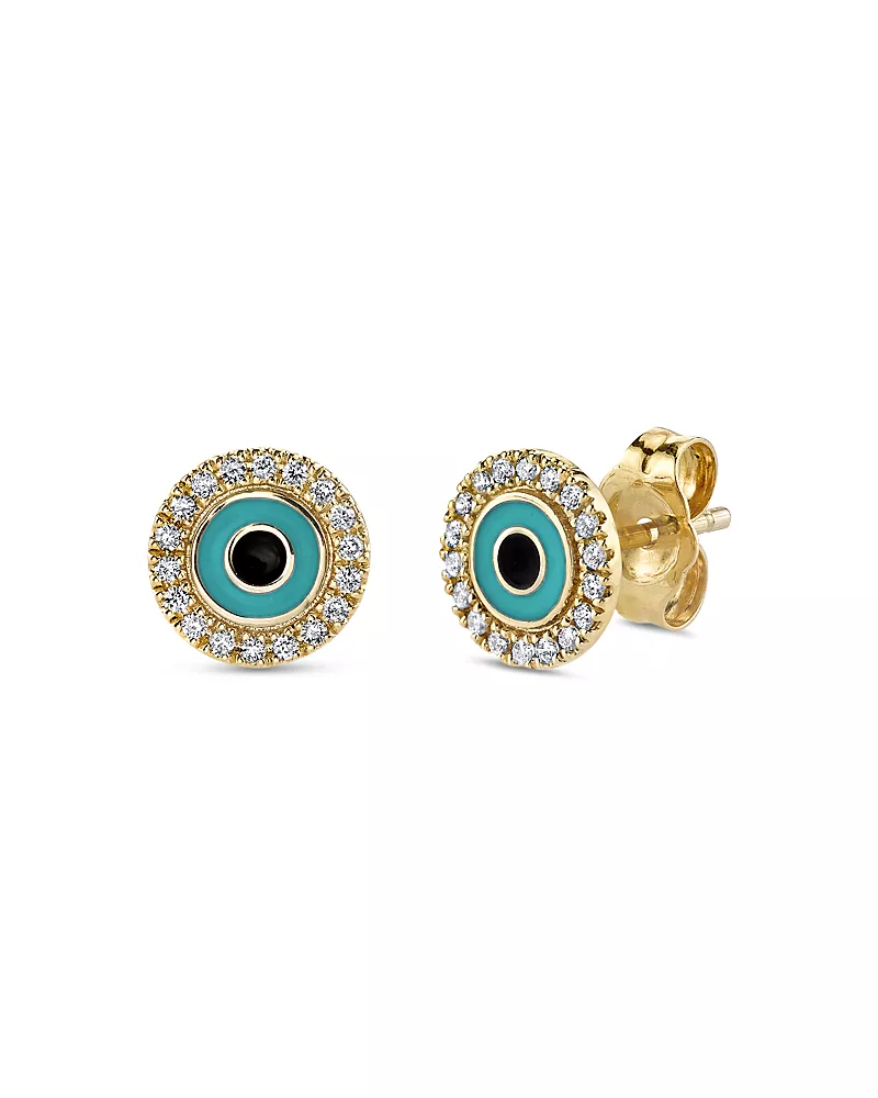 Sydney Evan 14K Yellow Gold Diamond Evil Eye Disc Stud Earrings