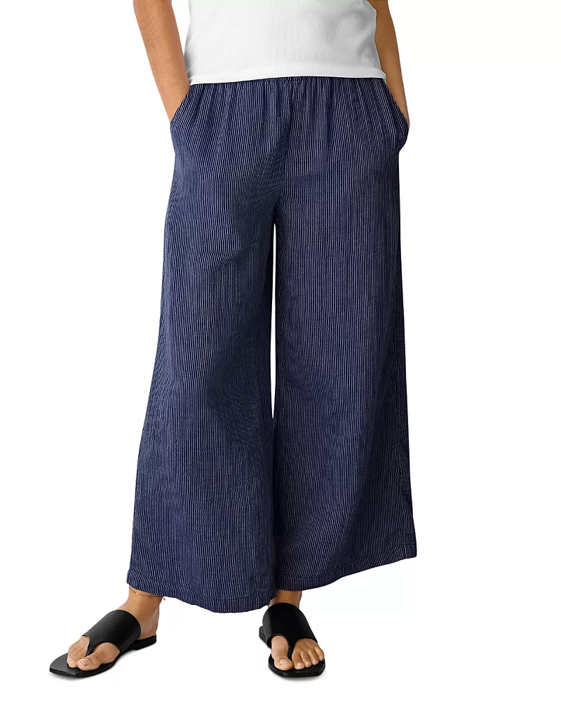 Eileen Fisher Striped Cotton Gauze Wide Ankle Pants
