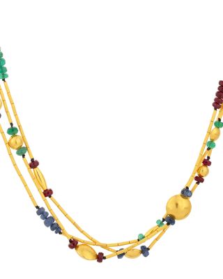 18K & 24K Yellow Gold Rain Multi Gemstone Triple Strand Collar Necklace, 16-17.75"