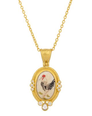 18K, 22K & 24K Yellow Gold Antiquities Rooster Satsuma & Diamond Pendant Necklace, 16-18"