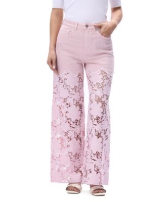 Ultra High Rise Lace Patchwork Wide Leg  Denim Jeans in Lavender Pink