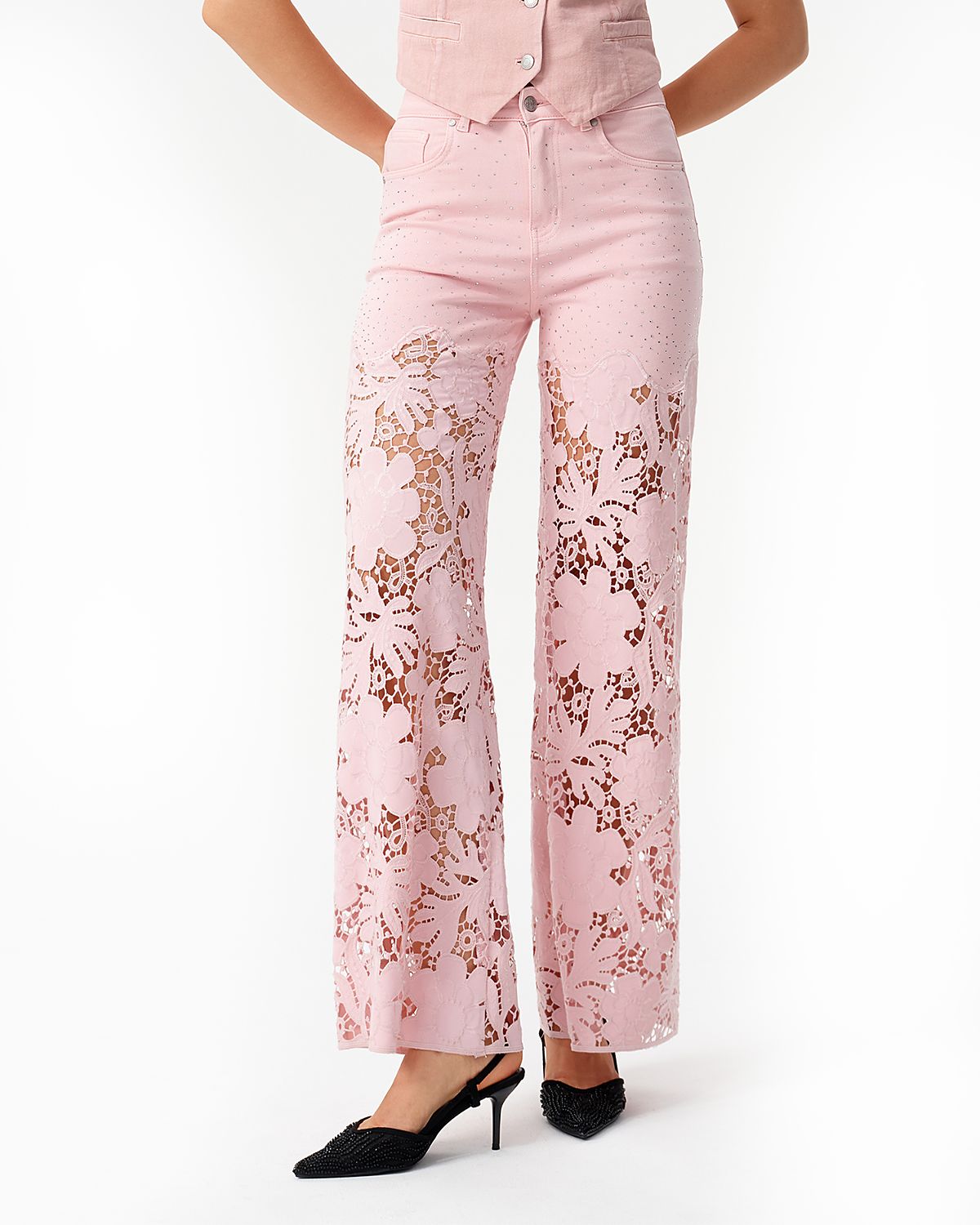 Bayeas Ultra High Rise Lace Patchwork Wide Leg Denim Jeans