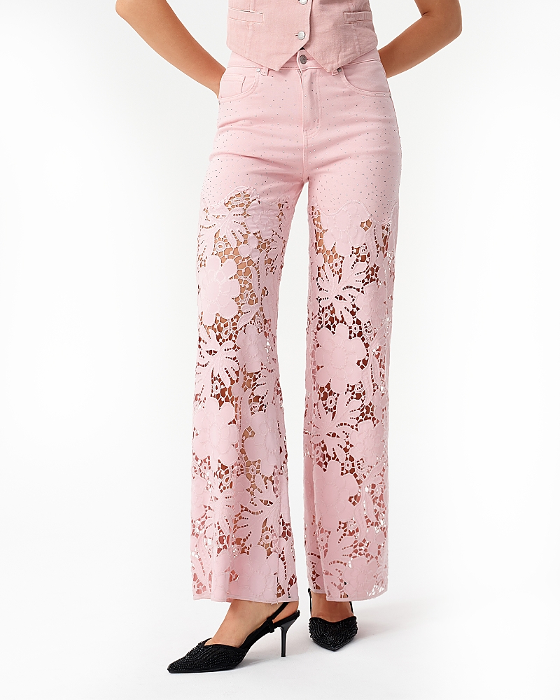 Bayeas Ultra High Rise Lace Patchwork Wide Leg Denim Jeans in Lavender Pink