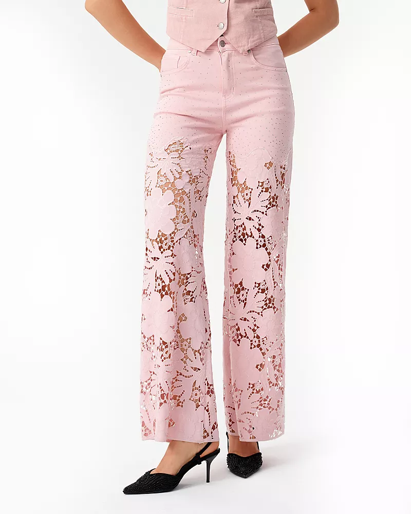 Bayeas Ultra High Rise Lace Patchwork Wide Leg Denim Jeans in Lavender Pink