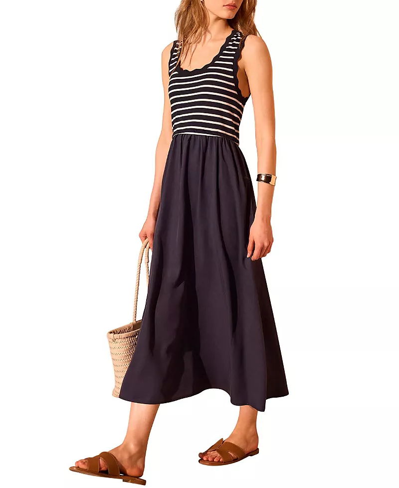 Mint Velvet Women's Striped Scallop Trim Midi Dress