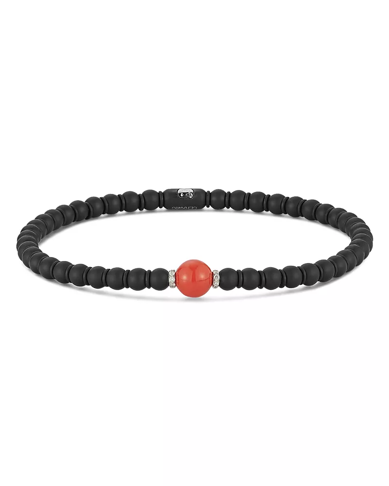 Demeglio Men's 18K White Gold Sfera Coral, Diamond, & Ceramic Bead Stretch Bracelet