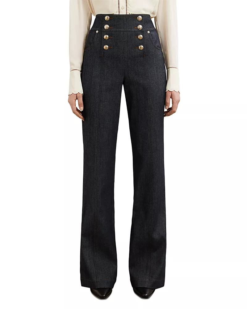 Reiss Skylar Button Fly Mid Rise Flare Leg Jeans in Dark Blue
