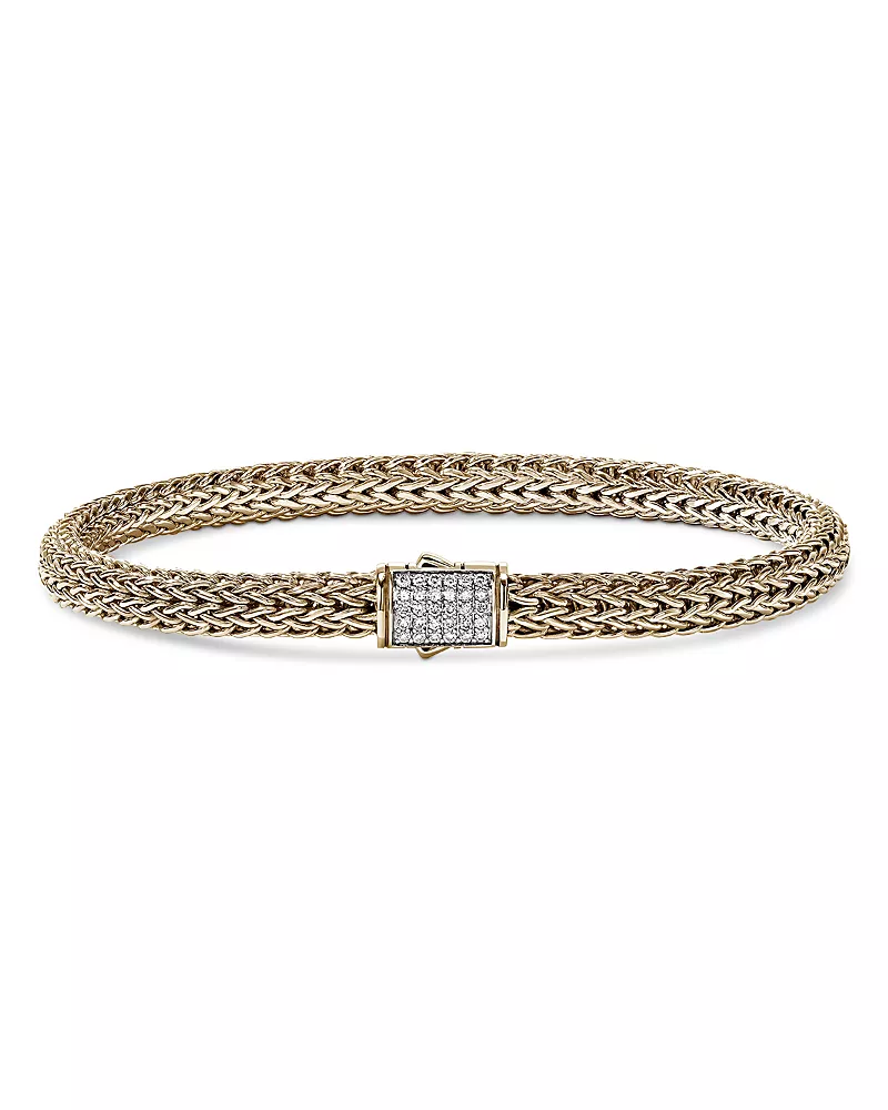 John Hardy 14K Yellow Gold Icon Diamond Clasp Woven Bracelet, 0.15 tcw