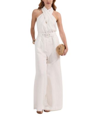 Linen Blend Wide Leg Belted Jumpsuit