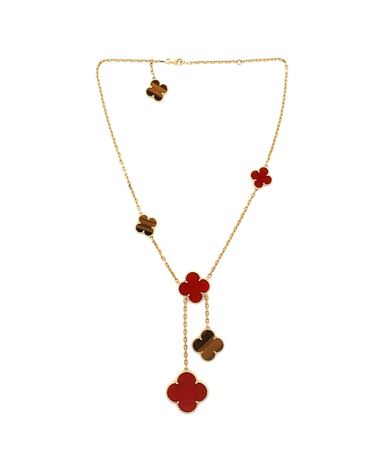 Pre-Owned Van Cleef & Arpels Magic Alhambra 6 Motifs Necklace 18K Gold with Carnelian and Tigers's Eye, 16.5