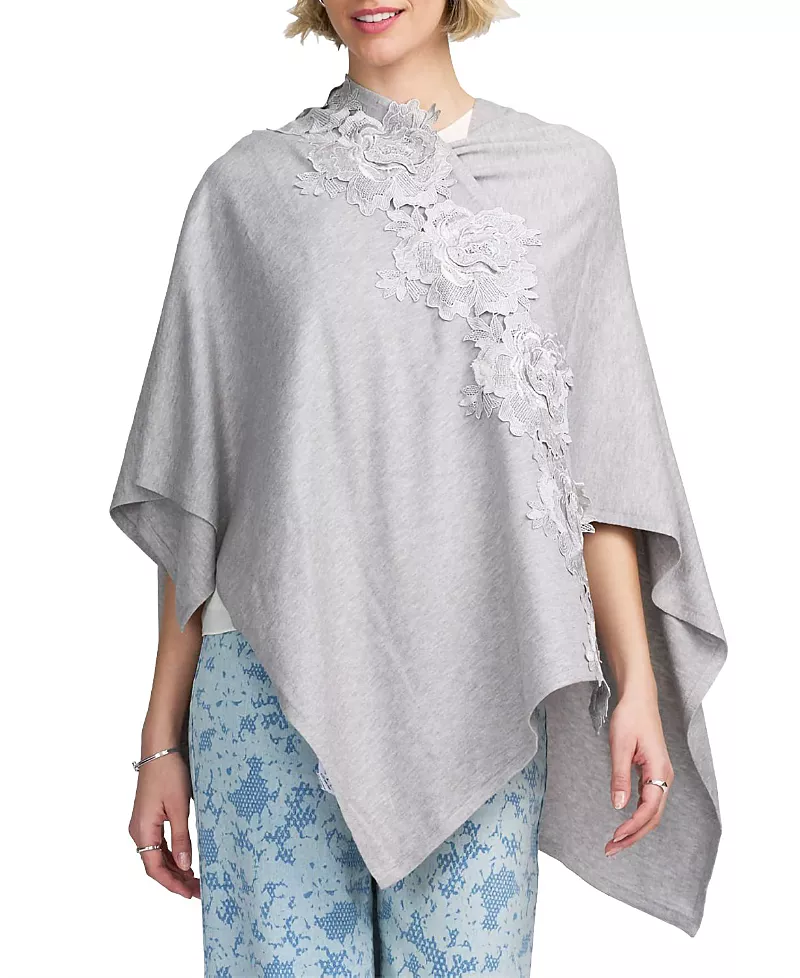 Elle Collection Fine Gauge Draped Cardigan Scarves with Lace Applique