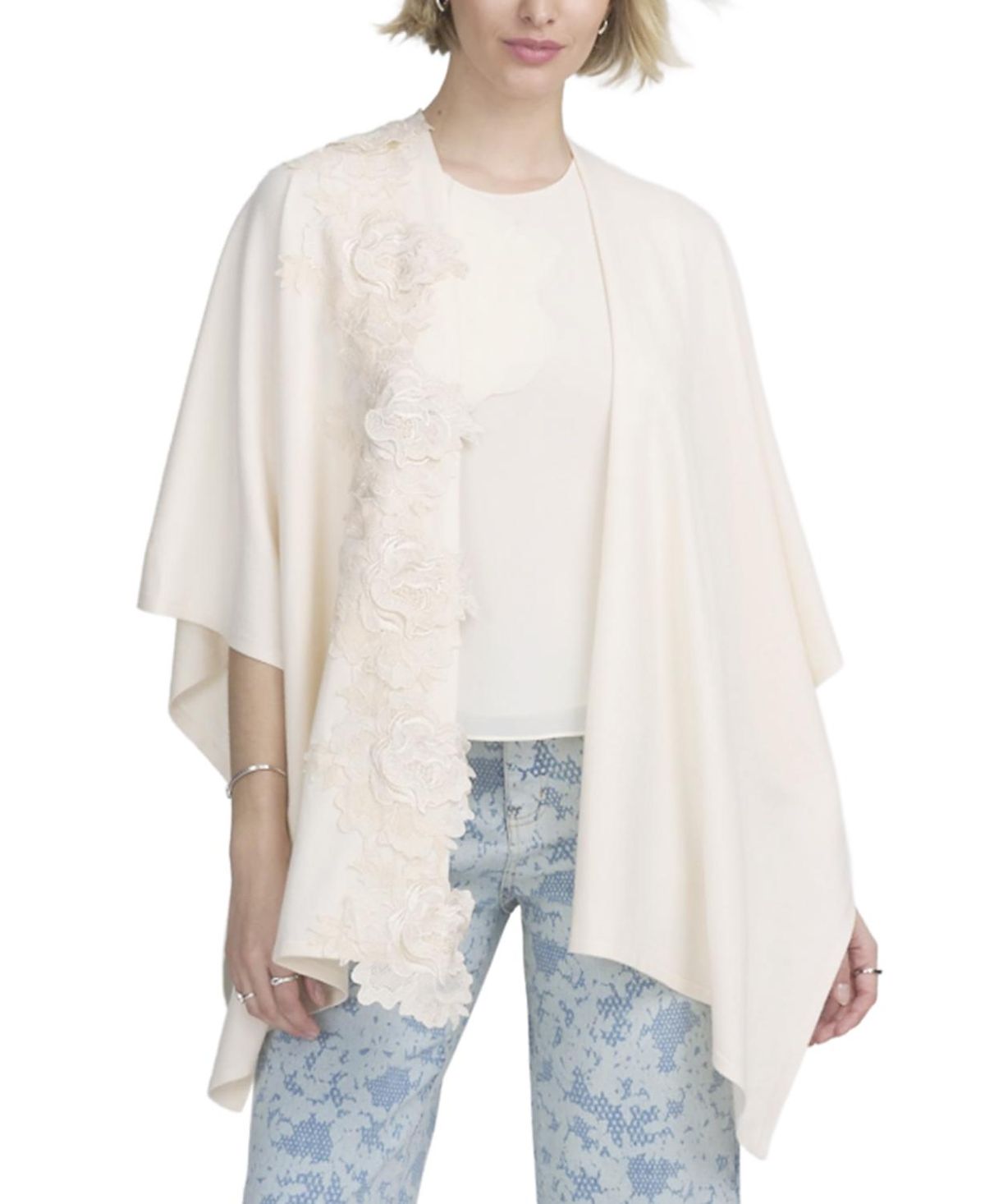 Elle Collection Fine Gauge Draped Cardigan Scarves with Lace Applique
