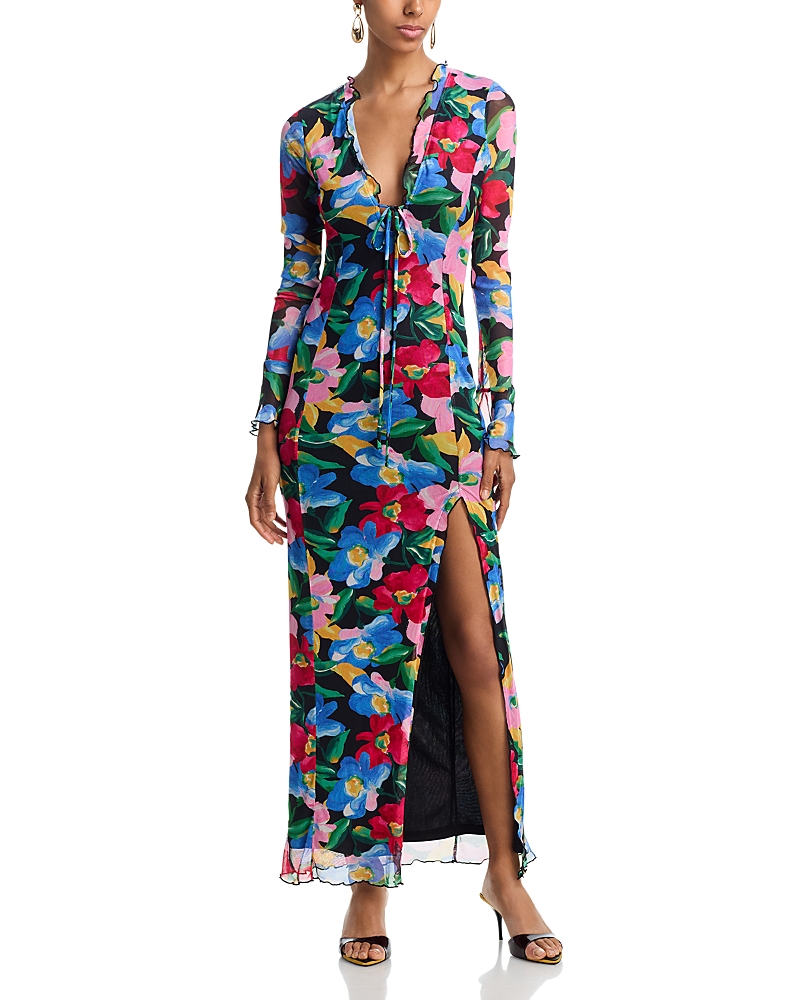 Aqua Floral Mesh V Neck Maxi Dress - Exclusive