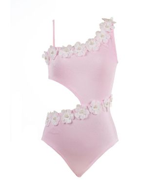 Girls' Asymmetric Side Cut-Out 3D Floral & Pearl Hardware One-Piece Swimsuit - Little Kid, Big Kid